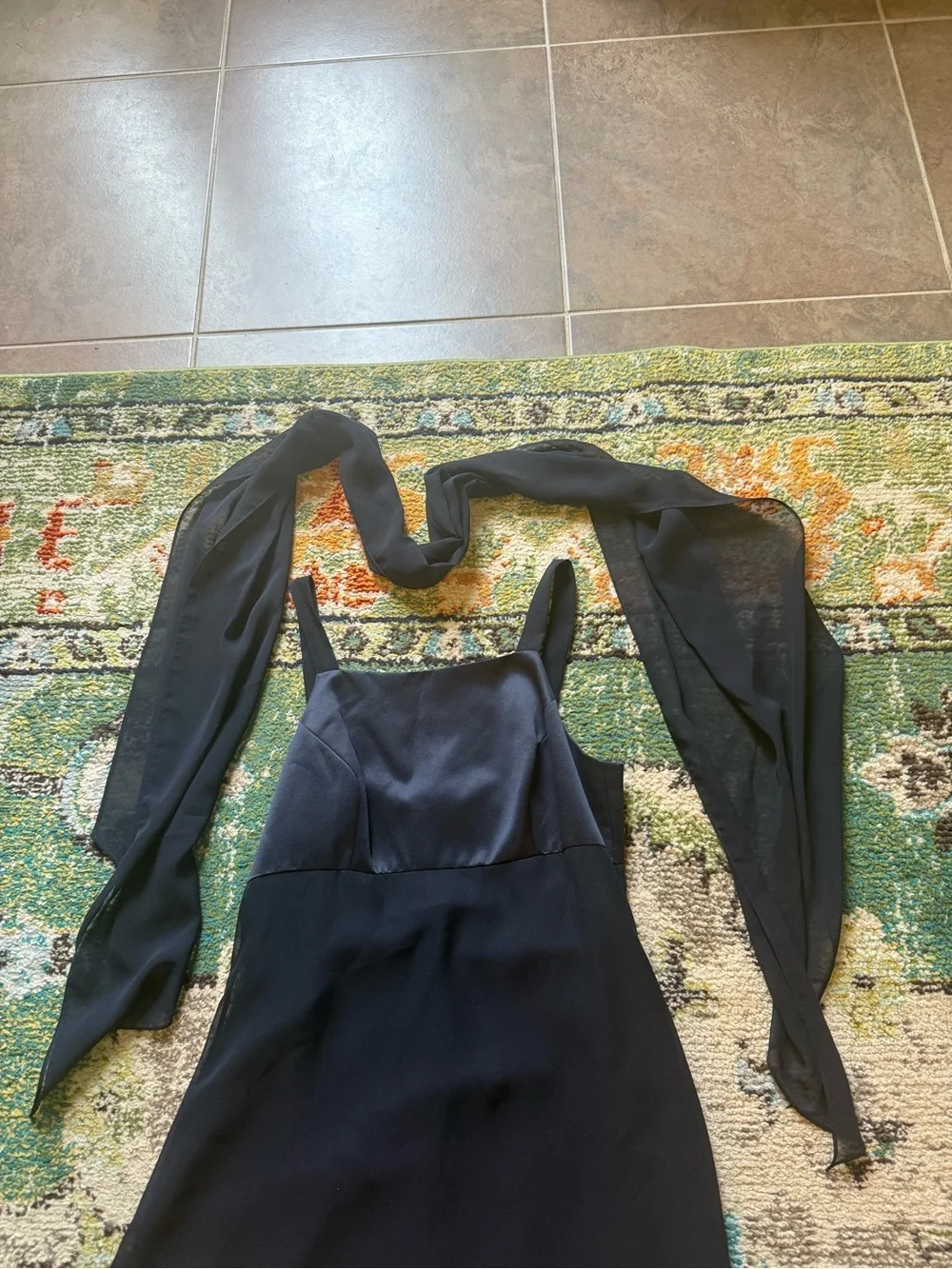 Vintage 90s Adrianna Papell Occasions Navy Satin & Sheer Evening Gown Neck Scarf